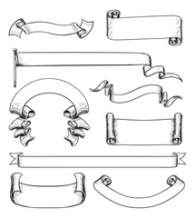 Wall Mural - a set of scrolls, flags, paper banners and parchment ribbons in a vintage retro woodcut style