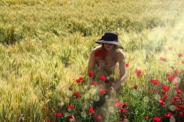 young adult beautiful woman on wheat field picking red poppy flowers on rural landscape in sunny day