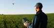 © VAKSMANV - Caucasian man farmer in hat standing in green wheat field and controlling of drone which flying above margin. Male using tablet device as controller. Technologies in farming. Rear. Back view.
