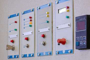 Poster - Switches on an industrial control board. Lamp indicator and switch of power control panel.