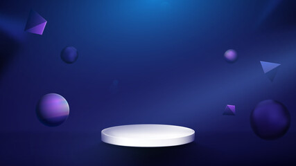 Poster - 3d Abstract Composition, White Podium Display with Modern Geometric Shapes. Dark Blue Background