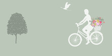 Woman On A Bicycle With A Basket Of Wildflowers - Light Background - Vector. Travel Banner.