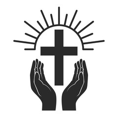 Hands with shining holy cross. Design element for logo, label, emblem, sign, badge.