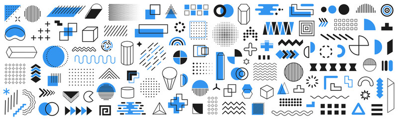 Poster - Set of 120 geometric shapes icons. Memphis design retro elements. Collection trendy halftone geometric shapes. Retro funky graphic, 90s trends designs and vintage print element collection