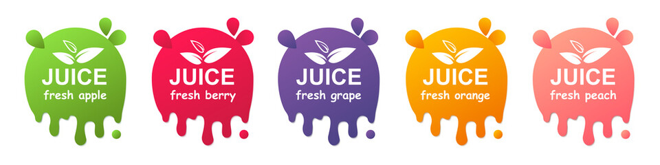 Juice fresh fruit label icons set. Collection of apple, berry, grape, orange, peach healthy juice design sticker – stock vector