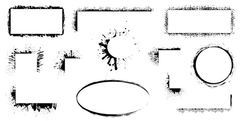 Poster - Spray stencil frame collection. Black splashes isolated. Blank grunge frames set with aerosol paint texture, grunge border. Graffiti element for design – vector