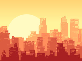 Wall Mural - Horizontal illustration of a stylized cartoon big city with downtown and skyscrapers at sunset colors.