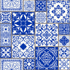 Naklejka na meble Seamless patchwork tile with Victorian motives. Majolica pottery tile, colored azulejo, original traditional Portuguese and Spain decor. Vector illustration for print wallpaper, fabric, paper, tile