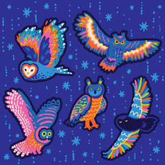 Wall Mural - Collection of decorative stickers with owls. Vector illustration