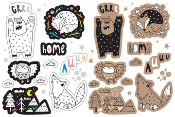 Poster - Sticker set with forest animals and design elements. Vector illustration