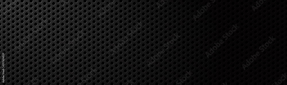 Abstract dark black geometric hexagonal mesh material header. Metallic technology banner with blank space for your logo. Vector abstract widescreen background - obrazy, fototapety, plakaty 