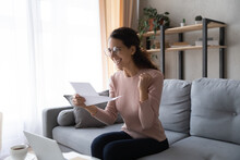 Excited Woman Wearing Glasses Reading Letter With Good News, Celebrating Success, Showing Yes Gesture, Smiling Overjoyed Girl Rejoicing Success, Positive Exam Results, Job Promotion, Money Refund