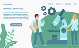 Fototapeta Miasto - Laboratory diagnostic services, tiny character male female landing web page, concept banner website template cartoon vector illustration. Website page banner, scientific personnel look microscope.