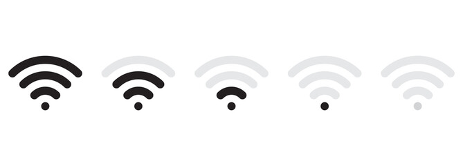 Wi-Fi connection icon set. Wireless signal indicator. Various indicators showing different signal strength. Classic rounded shape. Vector illustration of remote internet access.