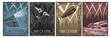 Spirit Of Future 1920s Art Deco Style Poster Set, Retro Future Transport, Car, Airplane, Dirigible, Locomotive 