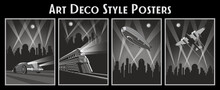 Retro Future Transport: Car, Locomotive, Airplace, Dirigible, Cityscape Silhouette Art Deco Style Poster Set