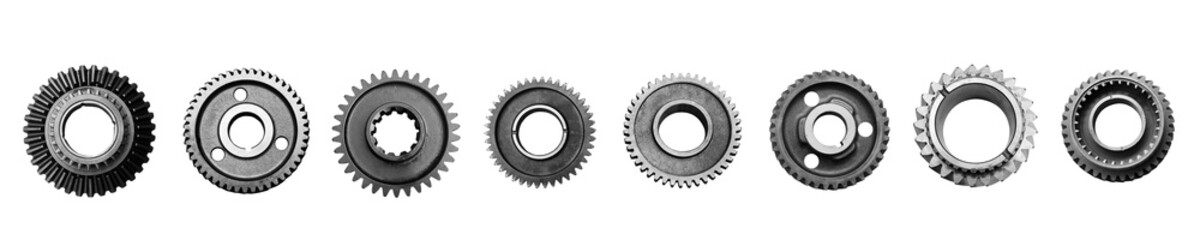 Metal gears isolated on white background collage. Steel industrial gears banner with copy space for text.