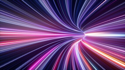 3d rendering, abstract ultraviolet tunnel with neon rays, glowing lines, cyber network, speed of light, highway night lights, space and time strings