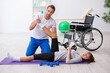 Leg injured woman doing sport exercises with personal coach