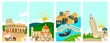Italian towns travel banners set, tourism on vacation vector illustration of italians city famous landmarks. Rome, Venice and Pisa, Florence architecture and culture sightseeings. Tours to Italy.