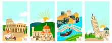 Italian Towns Travel Banners Set, Tourism On Vacation Vector Illustration Of Italians City Famous Landmarks. Rome, Venice And Pisa, Florence Architecture And Culture Sightseeings. Tours To Italy.