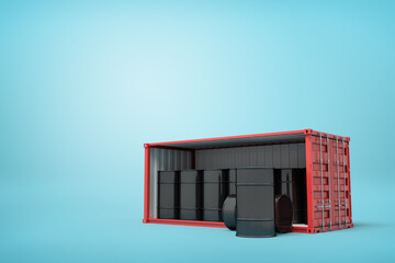 Poster - 3d rendering of red shipping container filled with black fuel barrels on blue background
