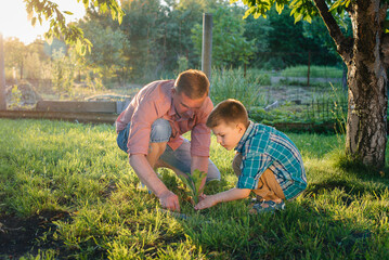 Little brother and sister are planting seedlings with their father in a beautiful spring garden at sunset. New life. Save the environment. Careful attitude to the surrounding world and nature