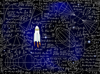 Scientific vector seamless background with handwritten mathematical and physical formulas, rockets and figures