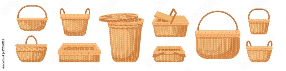 Set of various realistic empty wicker baskets vector illustration. Collection of straw handmade container or pannier isolated on white background. Decorative accessories for storage or carrying - obrazy, fototapety, plakaty 