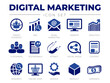 © csiling - Blue Digital Marketing Icon Set. Target Audience, SEO, Email Marketing, Website, Analytics, Customers, Testimonials, Attract, Social Media, Content, Icons.