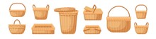 Set Of Various Realistic Empty Wicker Baskets Vector Illustration. Collection Of Straw Handmade Container Or Pannier Isolated On White Background. Decorative Accessories For Storage Or Carrying