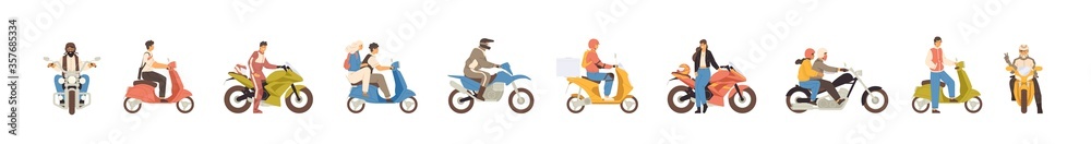 Set of different motorcycle and scooter riders vector flat illustration ...
