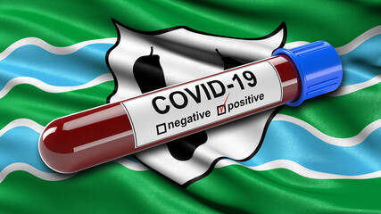 Wall Mural - Flag of Worcestershire waving in the wind with a positive Covid-19 blood test tube. 3D illustration concept for blood testing for diagnosis of the new Corona virus.