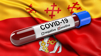 Wall Mural - Flag of Warwickshire waving in the wind with a positive Covid-19 blood test tube. 3D illustration concept for blood testing for diagnosis of the new Corona virus.