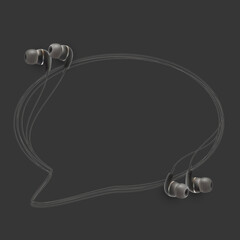 Wall Mural - Innovative music quotation template in headphones quotes isolated on backdrop. Creative banner illustration with quote in a frame wire with Black quotes. speech bubble Template modern headset design.