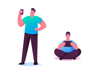 Poster - Male Characters Holding Mobile Phone and Tablet Pc Chatting, Texting, Reading Newsfeed on Social Media Using VPN Service. Internet Privacy, Smartphone Communication. Cartoon People Vector Illustration