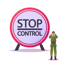Border Guard Protect Territory. Tiny Male Character In Military Uniform With Binoculars Keep Watch On Stop Control Post. Soldier Protecting Secret Area On Watchtower. Cartoon Vector Illustration
