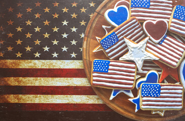 home baking cookies icing like american flag. patriotic background for US national holidays	