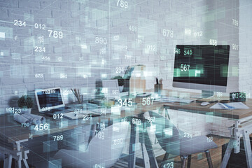 Poster - Double exposure of data theme drawing and office interior background. Concept of technology.