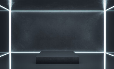 Poster - Contemporary gallery interior with blank gray concrete wall and podium.
