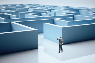 Poster - Businessman standing in middle of a blue maze.