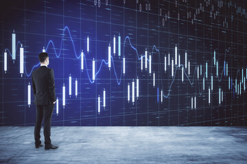 Aufkleber - Thinking businessman looking on glowing stock analytics