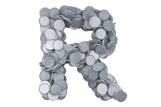 Letter R from button cells, 3D rendering