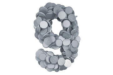Poster - Number 9 from button cells, 3D rendering