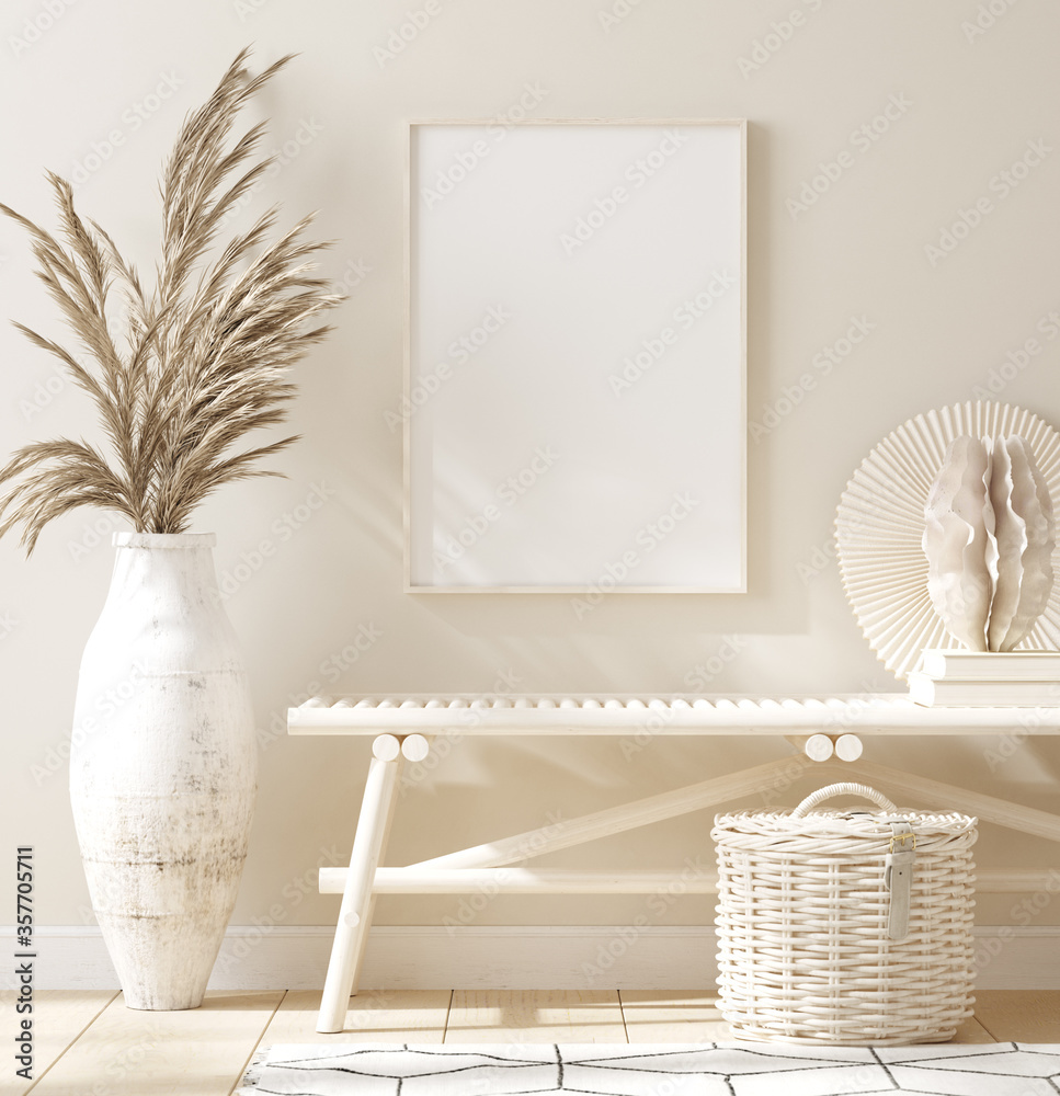 Mock up frame in home interior background, beige room with natural wooden furniture, 3d render - obrazy, fototapety, plakaty 