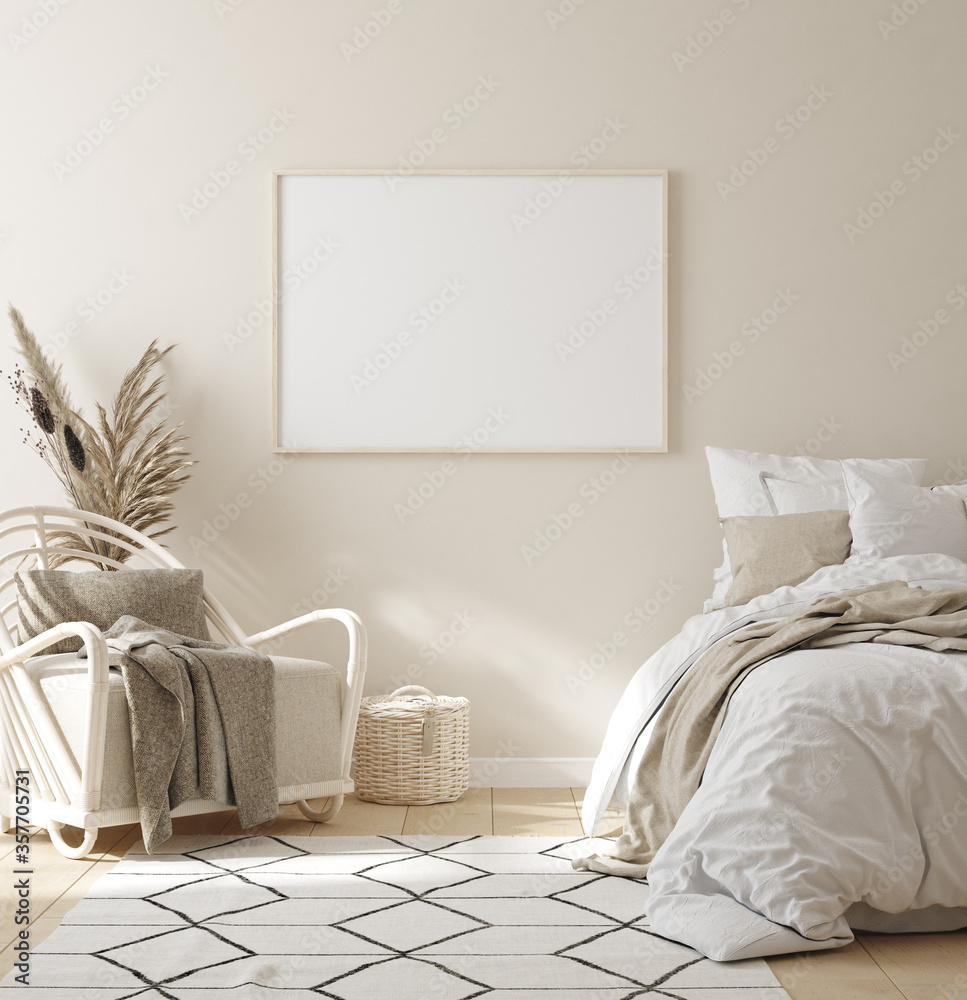 Mock up frame in bedroom interior background, beige room with natural wooden furniture, 3d render - obrazy, fototapety, plakaty 