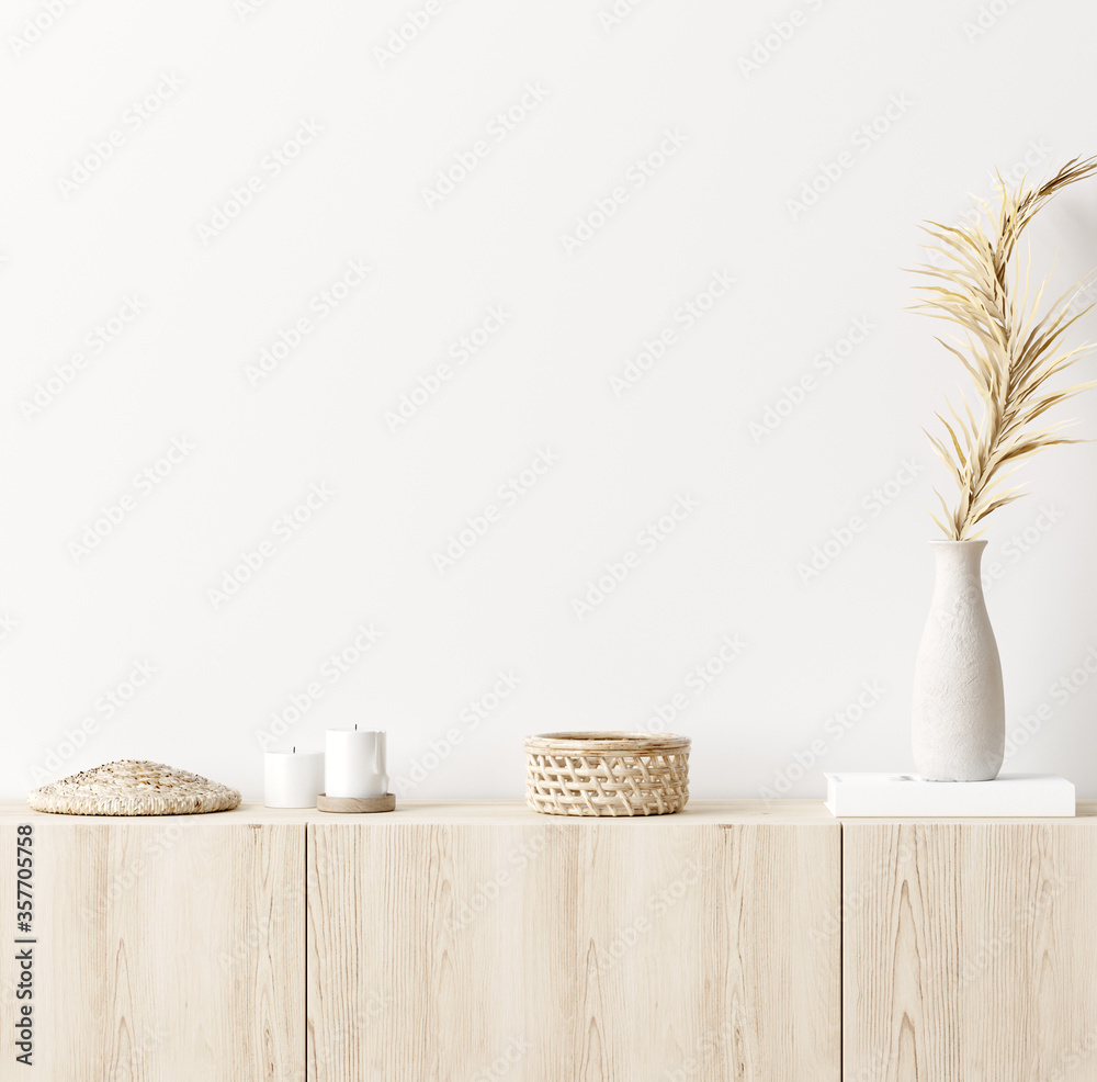 Mock up frame in home interior background, white room with natural wooden furniture, Scandi-Boho style, 3d render - obrazy, fototapety, plakaty 