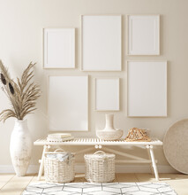 Mock Up Frame In Home Interior Background, Beige Room With Natural Wooden Furniture, 3d Render