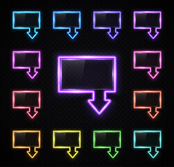 Wall Mural - neon arrow sign on transparent background. color direction pointer symbol set with text space. glowi