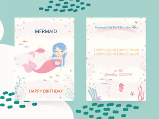 Wall Mural - Cute mermaid theme birthday party invitation card vector illustration.